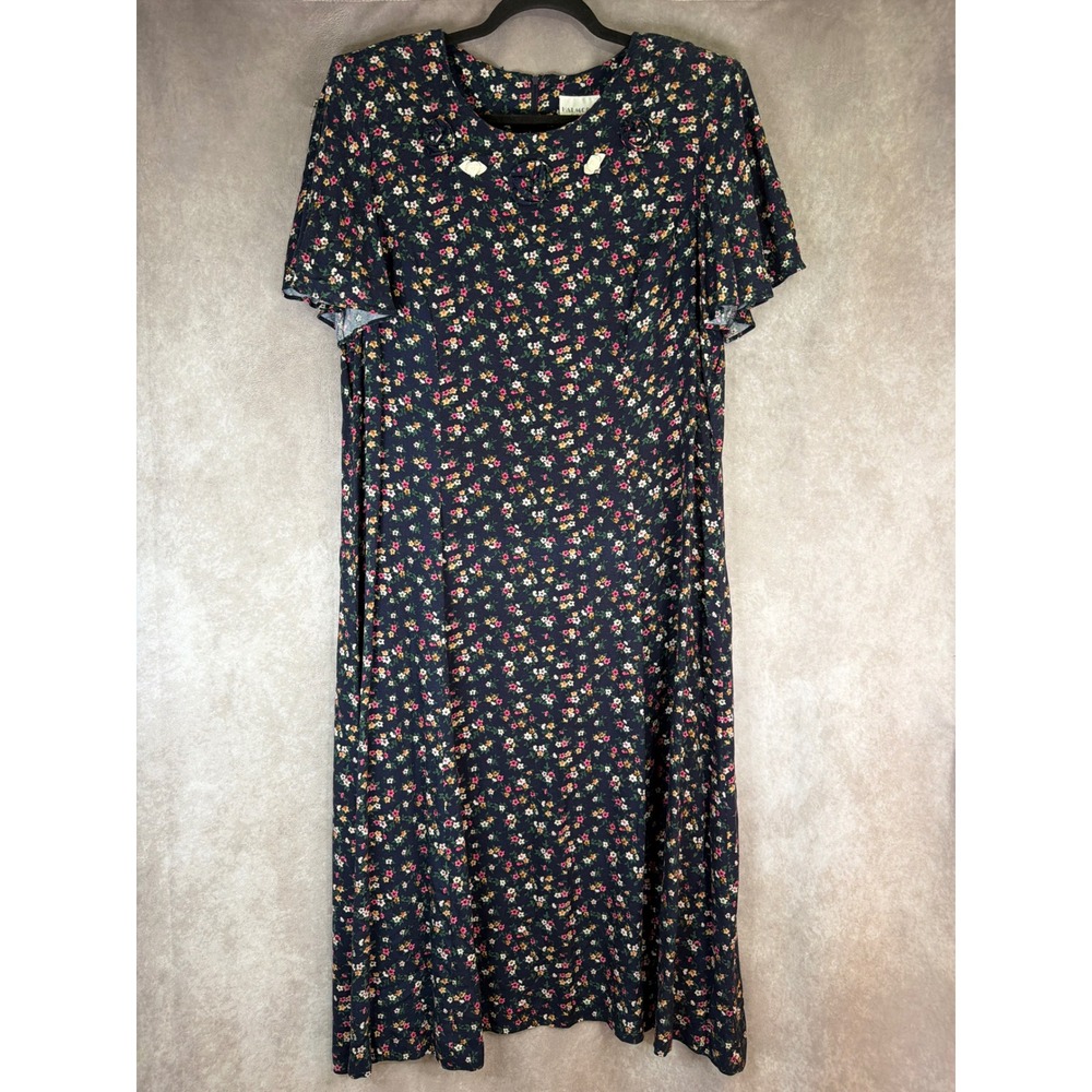 VTG 90s Halmode Petites Midi Dress 16 Navy Blue Floral Rosette Rayon Cottagecore